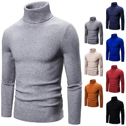 

Men's Wool Sweater Pullover Sweater Jumper Cropped Sweater Ribbed Knit Regular Knit Plain Turtleneck Modern Contemporary Work Daily Wear Clothing Apparel Winter Wine Black M L XL