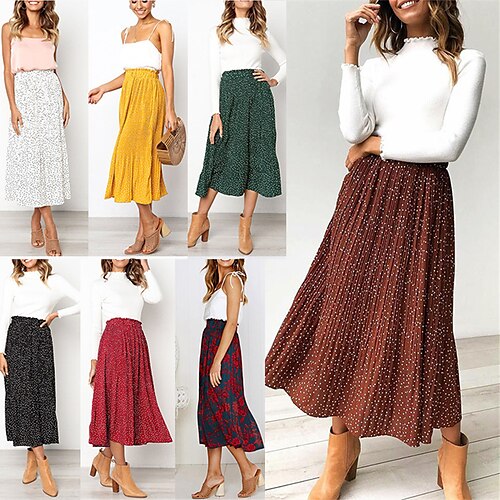 

Women's Skirt Swing Midi Light Yellow Black White Yellow Skirts Fall Winter Pleated Ruffle Elastic Waist Pocket Fashion Casual Street Date S M L