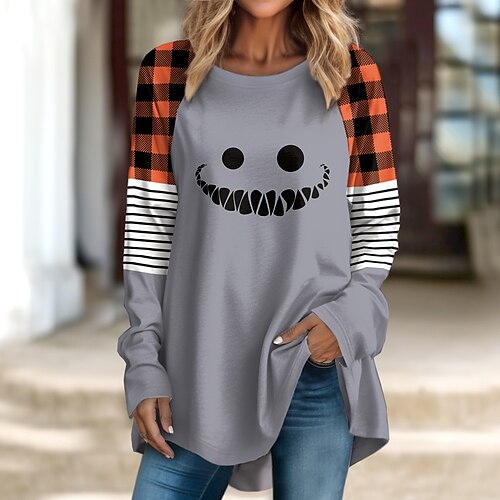 

Damen T Shirt Halloween-Shirt Rosa Blau Purpur Graphic Plaid Bedruckt Langarm Halloween Wochenende Basic Rundhalsausschnitt Regular Fit Farbe Frühling Herbst