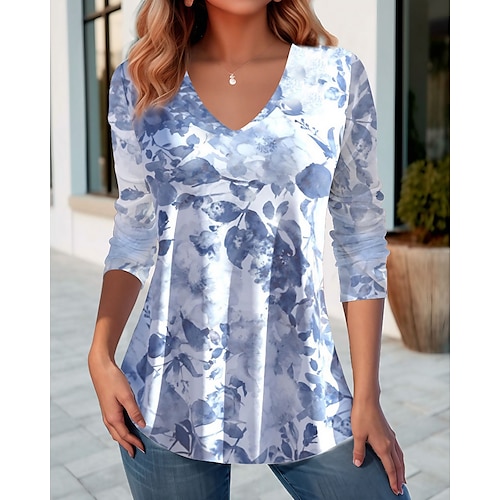 

Femme T shirt Tee Bleu Vert Bleu clair Floral Imprimer manche longue Vacances Fin de semaine basique Col V Standard Fleur Peinture Printemps Automne