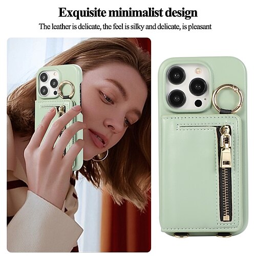 

Phone Case For iPhone 15 Pro Max Plus iPhone 14 13 12 11 Pro Max Plus Back Cover Zipper with Lanyard Kickstand Solid Color PC PU Leather