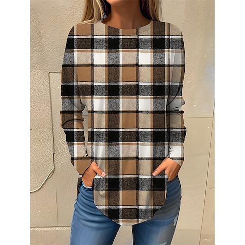 

Damen T Shirt Braun Plaid Bedruckt Langarm Täglich Wochenende Modisch Rundhalsausschnitt Regular Fit Farbe Frühling Herbst