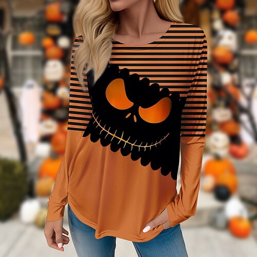 

Damen T Shirt Halloween-Shirt Gelb Rosa Blau Kürbis Gestreift Bedruckt Langarm Halloween Wochenende Basic Rundhalsausschnitt Regular Fit Farbe Frühling Herbst