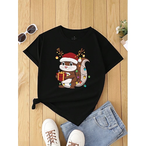 

Femme T shirt Tee Chemise de Noël Noir Animal Imprimer Manche Courte Noël Fin de semaine Fête / Célébration Noël Col Rond Standard Peinture Eté