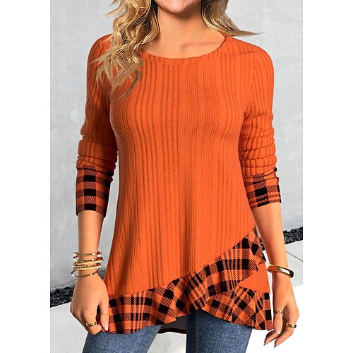 

Femme T shirt Tee Orange Plaid Imprimer manche longue du quotidien Fin de semaine Mode Col Rond Standard Peinture Printemps Automne