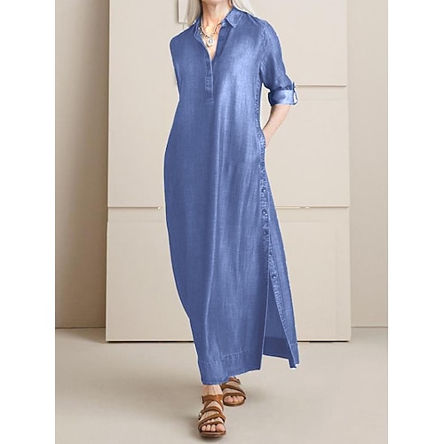 

Robe en jean Robe casual Robe unie Femme robe longue Bouton Poche du quotidien Rendez-vous Vacances Actif Mode Col de Chemise manche longue 2023 Ample Noir Bleu de minuit Bleu clair S M L XL XXL