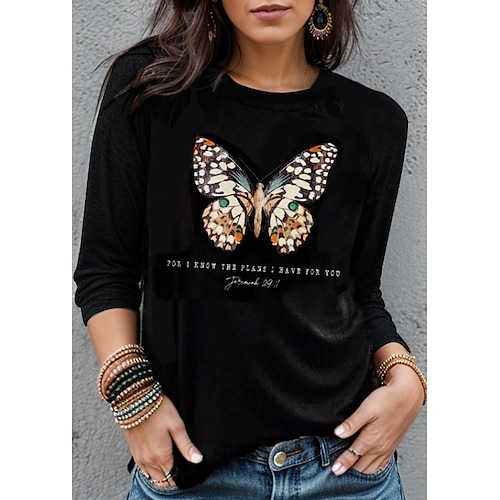 

Women's T shirt Tee Black White Pink Graphic Butterfly Dandelion Print Long Sleeve Daily Weekend Fashion Round Neck Regular Fit Floral Butterfly Painting Spring Fall