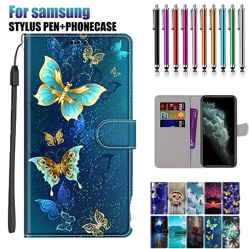 

Phone Case For S23 S22 S21 S20 Ultra Plus FE A54 A34 A14 A73 A53 A33 Wallet Case with Lanyard Kickstand Card Slot Cat Butterfly Scenery TPU PU Leather