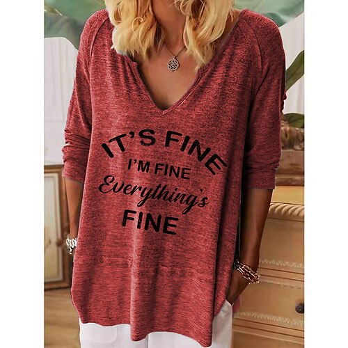 

Damen T Shirt Rote Blau Himmelblau Buchstabe Bedruckt Langarm Täglich Wochenende Basic V Ausschnitt Regular Fit Frühling Herbst