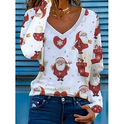 

Damen T Shirt Weihnachts-Shirt Weiß Weihnachtsmann Bedruckt Langarm Weihnachten Wochenende Fest / Feiertage V Ausschnitt Regular Fit Farbe Frühling Herbst