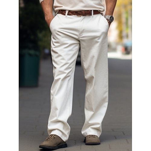 

Homens Calças chinês Calça Chino Bolsos Perna reta Tecido Conforto Respirável Ao ar livre Diário Para Noite Misto de Algodão Moda Casual Branco