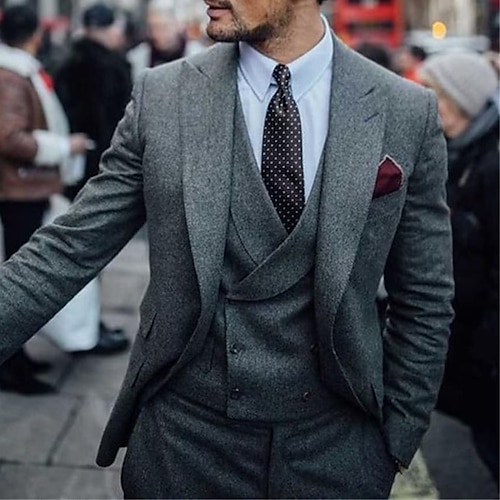 

Burgundy Blue Brown Men's Tweed Herringbone Wedding Suits 3 Piece Solid Colored Tailored Fit Single Breasted Two-buttons 2023