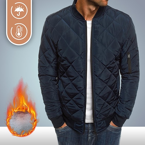 

Men's Bomber Quilted Jacket Diamond Padded Winter Jacket Outdoor Chunky Varsity Flight Windproof Warm Trench Coat Top Quilted Seams Cotton Outwear Overcoat Full Zipper Camping Hiking Hunting Fishing