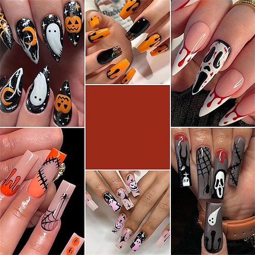 

Lot de 24 faux ongles à presser en forme de citrouille pour Halloween, longueur moyenne, cicatrices, pointes françaises, orange et rose, design citrouille, colle sur les ongles, faux ongles artificiels, bâton de cercueil pour femme, 24 pièces