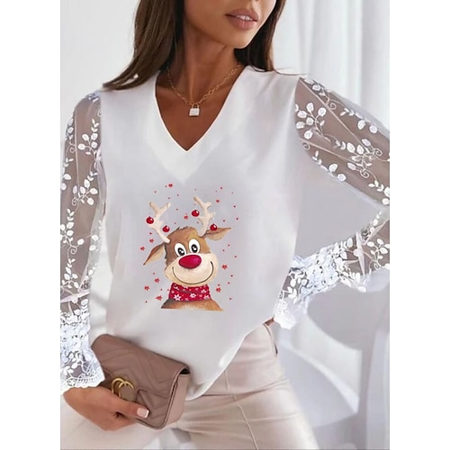 

Women's T shirt Tee Christmas Shirt White Pink Graphic Patchwork Lace Trims Long Sleeve Christmas Casual Weekend Christmas V Neck Regular Fit Geometric Flare Cuff Sleeve