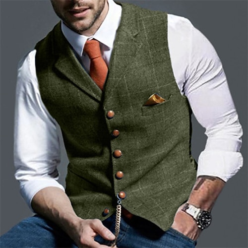 

Men's Retro Vintage Vest Herringbone Tailored Fit Notch Single Breasted More-button Light Green Blue Dark Green 2023