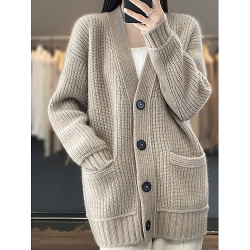 

Damen Strickjacke Strickwaren Gerippt Stricken Standard Taste Tasche Feste Farbe V Ausschnitt Stilvoll Brautkleider schlicht Outdoor Täglich Herbst Winter Kamel Beige Einheitsgröße