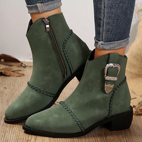 

Damen Stiefel Wildlederschuhe Übergrössen Outdoor Täglich Stiefeletten Stiefeletten Winter Schnalle Blockabsatz Spitze Zehe Vintage Modisch Elegant Kunstleder Schnürsenkel Feste Farbe Grün Khaki
