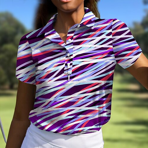 

Damen poloshirt Golfhemd Geknöpftes Poloshirt Atmungsaktiv Schnelltrocknend Feuchtigkeitsableitung Kurzarm Golfbekleidung Golfkleidung Regular Fit Streifen Sommer Tennis Golfspiel Pickleball