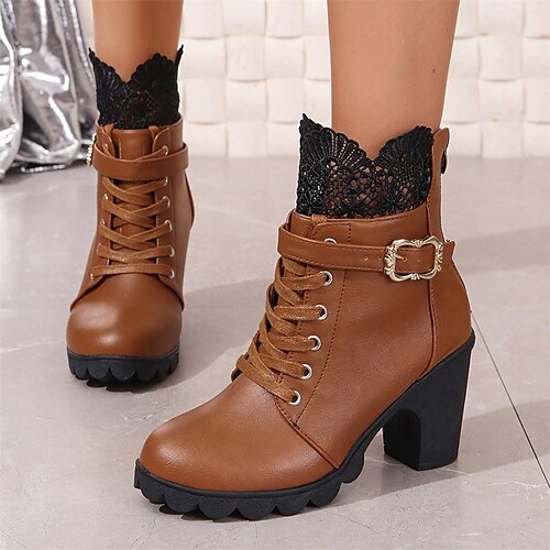 

Damen Stiefel Übergrössen Stiefeletten Outdoor Täglich Stiefeletten Stiefeletten Spitze Blockabsatz Runde Zehe Vintage Brautkleider schlicht Minimalismus PU Schnürsenkel Schwarz Braun