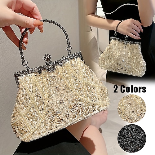 

Women's Handbag Clutch Evening Bag Wristlet Polyester Party Daily Holiday Rhinestone Crystals Chain Large Capacity Lightweight Durable Solid Color Vintage apricot beads vintage black beads