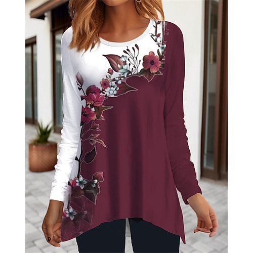 

Damen T Shirt Wein Rote Blau Blumen Fließende Tunika Bedruckt Langarm Festtage Wochenende Basic Rundhalsausschnitt Regular Fit Blume Farbe Frühling Herbst