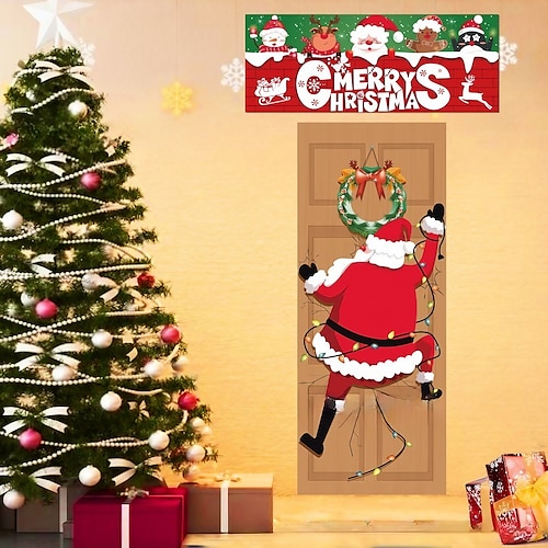 

Natal papai noel capas de porta decoração inverno floco de neve pano de fundo banner de porta para porta da frente suprimentos de decoração de festa de feriado de natal