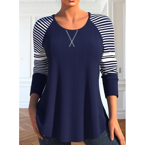 

Women's T shirt Tee Navy Blue Striped Print Long Sleeve Daily Weekend Fashion Round Neck Regular Fit Painting Spring Fall