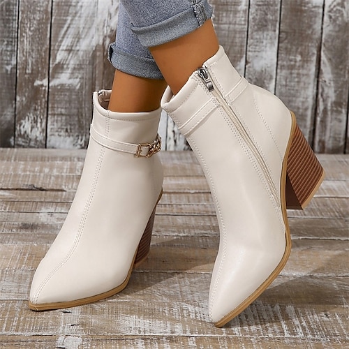 

Women's Boots Heel Boots Daily Booties Ankle Boots Winter Chunky Heel Pointed Toe Fashion Comfort PU Zipper Solid Color White Beige