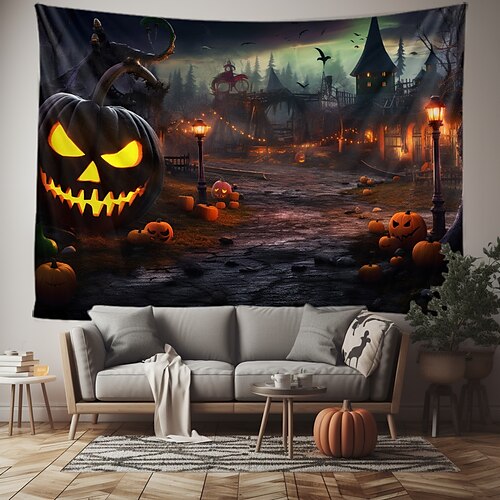  halloween dekorasjoner billedvev jack o lanterne gresskar dekor veggkunst stor hengende billedvev veggmaleri fotografi bakteppe teppe gardin hjem soverom stue flaggermus hjemsøkt hus kirkegård