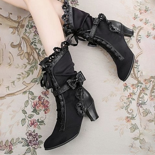  Women's Victorian Gothic Lace-Up Ankle Boots with Bow and Ruffle Trim – Gatsby-Inspired Elegant Boots for Cosplay, Costume Parties, and Vintage Fashion