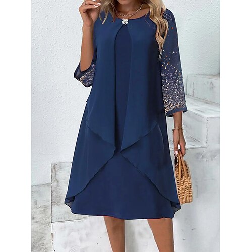 

Damen abendkleider Cocktailkleid Kleid für Hochzeitsgäste Midikleid Marineblau 3/4 Ärmel Farbverlauf Rüsche Frühling Herbst Winter Rundhalsausschnitt Party winterkleider damen B¨¹ro kleid