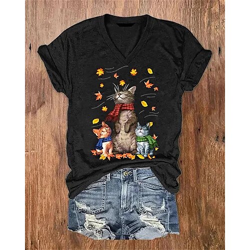 

Mujer Camiseta camisa de halloween Negro Amarillo Gato Estampado Manga Corta Víspera de Todos los Santos Fin de semana Moda Escote en Pico Ajuste regular Gato Pintura Verano