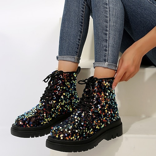 

Damen Stiefel Springerstiefel Glitzer Kristall Pailletten Juwelen Übergrössen Täglich Stiefeletten Stiefeletten Blockabsatz Runde Zehe Brautkleider schlicht Elastisches Gewebe Schnürsenkel Schwarz