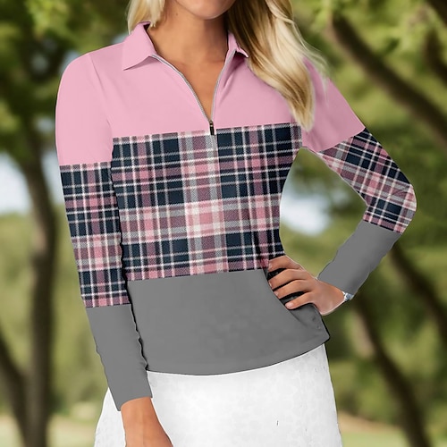 

Women's Polo Shirt Golf Shirt Breathable Quick Dry Moisture Wicking Long Sleeve Golf Apparel Golf Clothes Regular Fit Zipper Stand Collar Plaid Spring Autumn Tennis Golf Pickleball