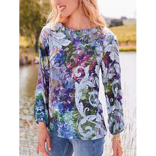 

Mulheres Camiseta Roxo Plantas Imprimir Manga Longa Diário Básico Decote Redondo Normal Primavera Outono