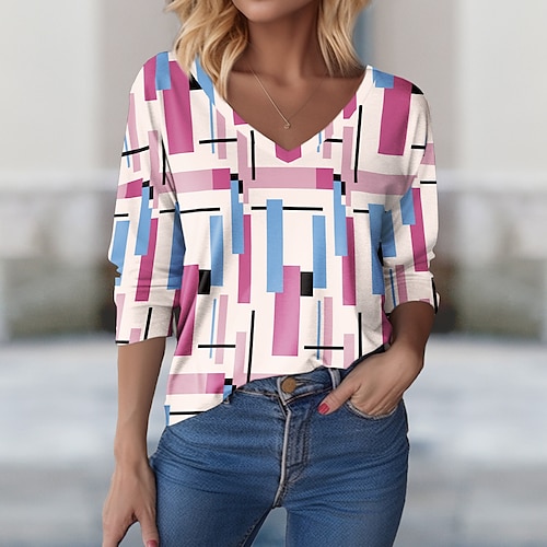 

Damen T Shirt Rosa Blau Grün Geometrisch Bedruckt Langarm Täglich Wochenende Basic V Ausschnitt Regular Fit Geometrisch Farbe Frühling Herbst