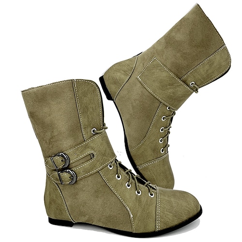 

Women's Boots Combat Boots Plus Size Lace Up Boots Outdoor Daily Mid Calf Boots Flat Heel Round Toe Vintage Casual Minimalism Faux Leather Zipper Lace-up Solid Color Wine Black Army Green