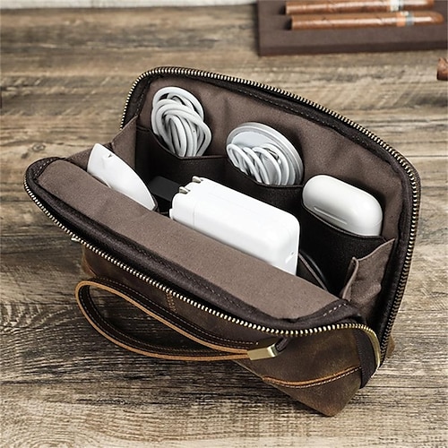 

Bolsa de armazenamento eletrônico de couro genuíno, cabo de dados usb, capa de fone de ouvido, acessórios moblie, gadgets, bolsa organizadora de viagem digital