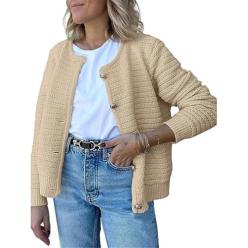 

Mujer Chaqueta de Punto Puente Estriado Tejer Corto Botón Bolsillo Color sólido Cuello Barco Elegante Casual Diario Noche Otoño Invierno Blanco / Negro Negro S M L