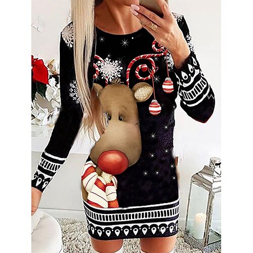 

Mulheres Vestido casual Vestido de Natal Roupa de inverno Papai Noel Floco de Neve Imprimir Gola Redonda Minivestido Moda Clássico Ao ar livre Natal Manga Longa Ajuste Largo Preto Branco Vermelho