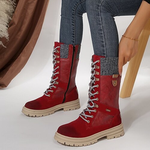 

Damen Stiefel Springerstiefel Übergrössen Outdoor Täglich Stiefel mit mittlerer Wade Schnalle Flacher Absatz Runde Zehe Vintage Brautkleider schlicht Minimalismus PU Schnürsenkel Feste Farbe Wein