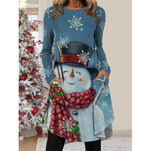 

Women's Work Dress Casual Dress Fashion Winter Dress Christmas Daily Midi Dress Pocket Print Crew Neck Long Sleeve Santa Claus Snowman Regular Fit Black Wine Blue Fall Winter S M L XL XXL