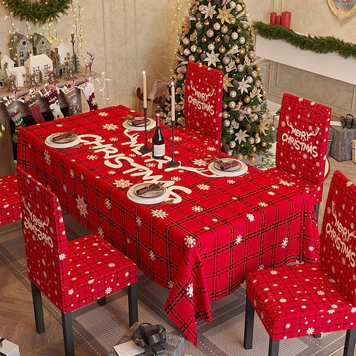 

Decorative Christmas Tablecloth Chair Cover Set , Wrinkle and Water Resistant Holiday Table Cloth Table Cover for Rectangle Tables,Spandex Stretch Dining Chair Slipcover for Christmas Decoration