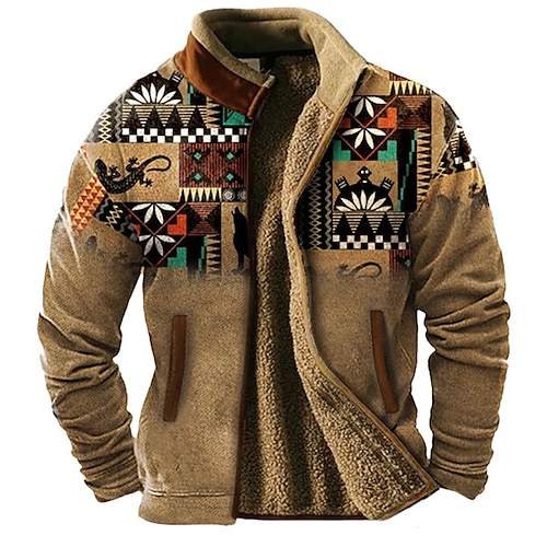 

Christmas American Indian Pattern Jacket Mens Graphic Hoodie Cowboy Daily Casual Western Aztec 3D Print Zip Sweatshirt Fleece Outerwear Holiday Vacation Going Sweatshirts Brown Green Native Winter