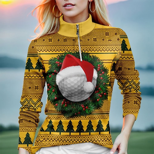 

Femme T-shirt POLO Chemise de golf Respirable Séchage rapide Evacuation de l'humidité manche longue Vêtements de golf Top Standard Zippé Col Montant Imprimé Printemps Automne Tennis Le golf Pickleball