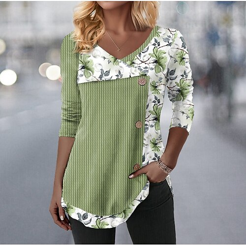 

Women's T shirt Tee Pink Blue Purple Floral Button Print Long Sleeve Holiday Weekend Fashion V Neck Regular Fit Floral Painting Spring Fall