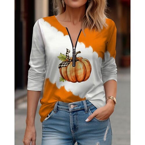 

Femme T shirt Tee chemise d'Halloween Orange Potiron Quarter Zip Imprimer manche longue Halloween Fin de semaine Mode Col V Standard Peinture Printemps Automne