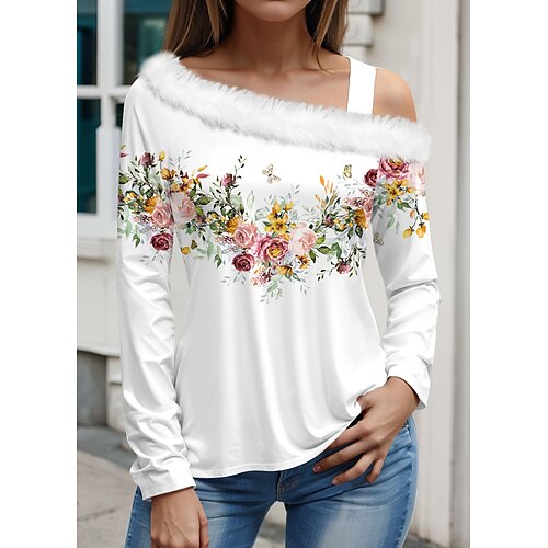

Femme T shirt Tee Noir Blanche Rose Claire Floral Imprimer manche longue Vacances Fin de semaine Fête / Célébration Cou diagonal Standard Fleur Peinture Printemps Automne