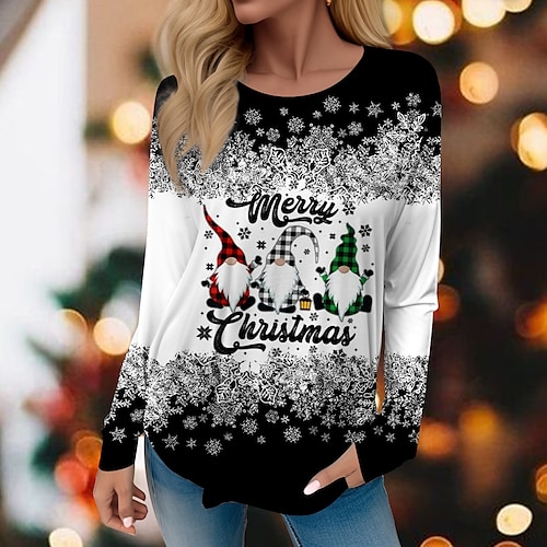 

Femme T shirt Tee Chemise de Noël Noir Plaid Motif de flocon de neige L'assistant du Père Noël Imprimer manche longue Noël Fin de semaine Mode Col Rond Standard Peinture Printemps Automne